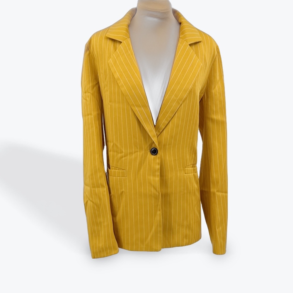 SHEIN Mustard Yellow Pinstripe Blazer‎ Jacket Women's Size M - Picture 2 of 12